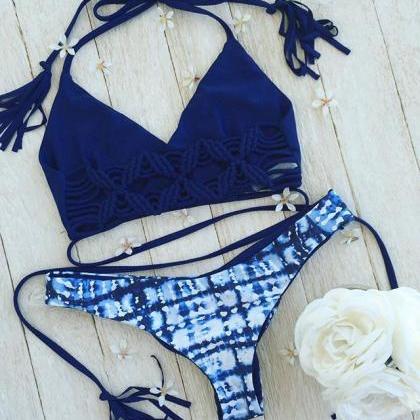 Sexy Swimwear Bandages Ladies Blue Print Bikini