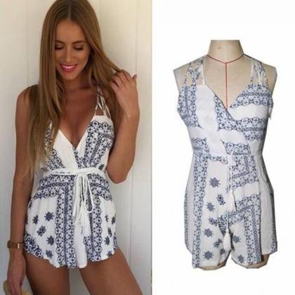 Sexy Sling V-neck Print Rompers Jumpsuit