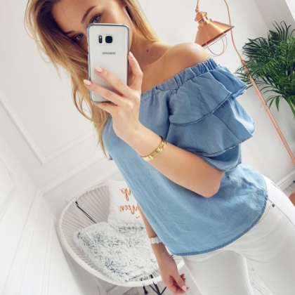Blue Off-the-shoulder Ruffle-sleeved Top