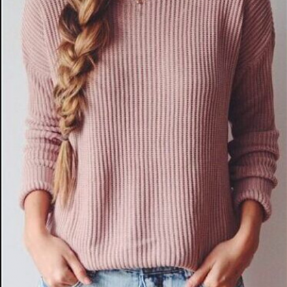 Loose Round Neck Solid Color Knitwear Tops Sweater