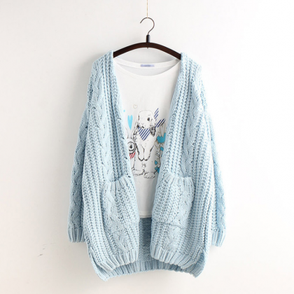 Cardigan Loose Sweater Pocket Buttoned Sweater..
