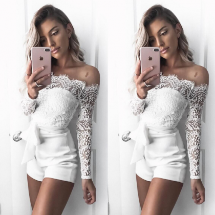 Women's Long-sleeved White Lace..