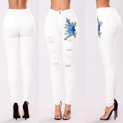 Fashionable Hole Embroidered Stretch White Jeans