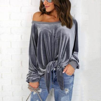 Velvet One-shoulder Long Cuffed Sleeves Tie-front..