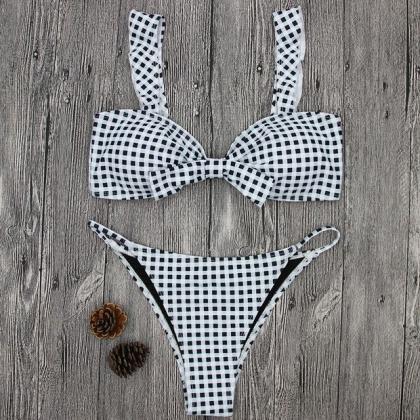 Bow Tartan Strap Beach Bikini Set Swimsuit..