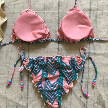 Print Halter Strappy Beach Bikini Set Swimsuit..
