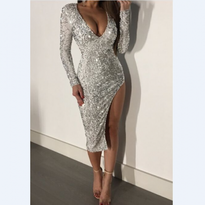 Sexy V-neck Sequined Long Sleeve Dress