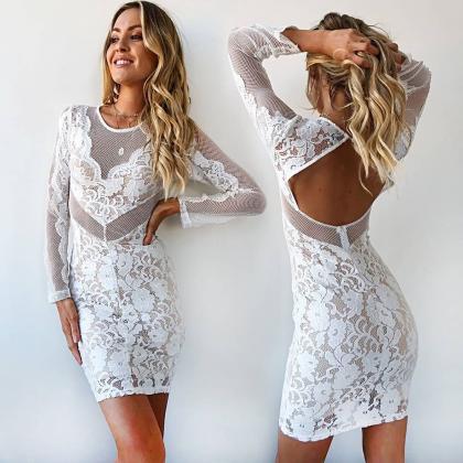 Sexy White Long Sleeve Lace Halter Dress