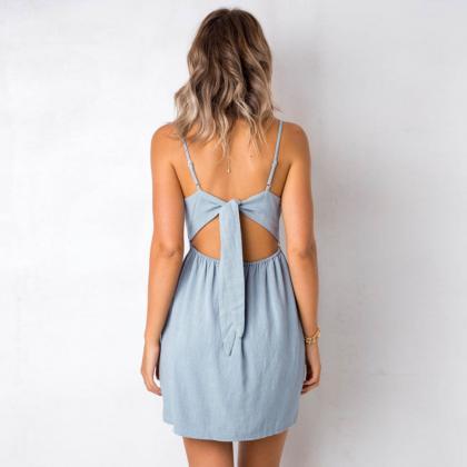 Sexy Sling Solid Color Open Back Bow Dress