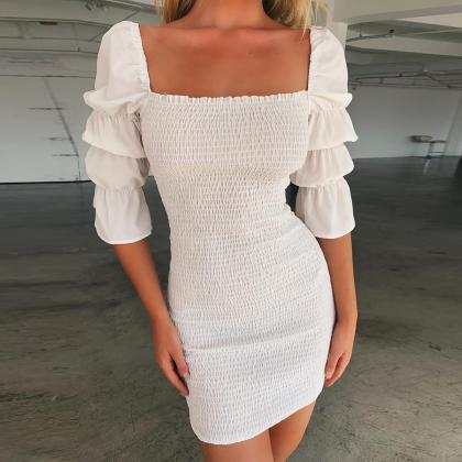 Solid Color High Waist Ruffle Package Hip Dress