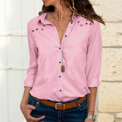 Solid Color Long Sleeve Button..