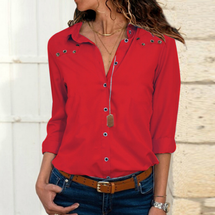 Solid Color Long Sleeve Button..
