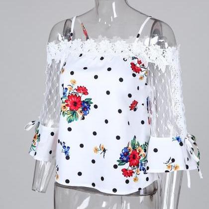 Printed Mesh Splicing Lace Top