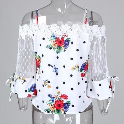 Printed Mesh Splicing Lace Top