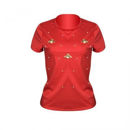 Short Sleeve Stretch Beaded Butterfly Round Neck..
