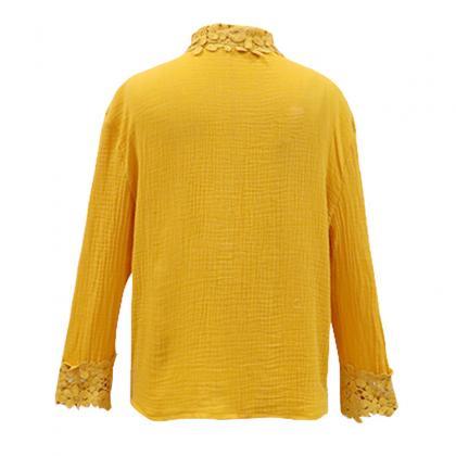 Lace Solid Color Long-sleeved Shirt Top
