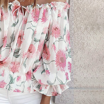 Off-the-shoulder Sweet Floral Print Chiffon Shirt