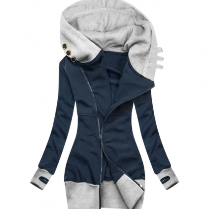 Women Solid Color Hooded Long-sleeved Zipper..