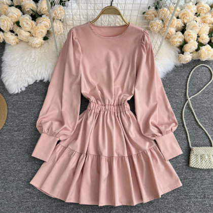 Solid Color Puff Sleeve Temperament Ruffle Dress