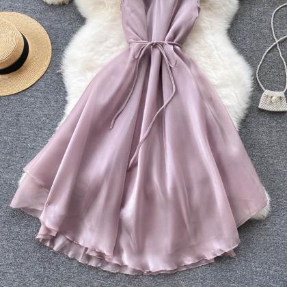 Sweet Solid Color Sling High Waist Sleeveless..