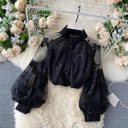 Vintage Tulle Lace Blouse Stand Collar..