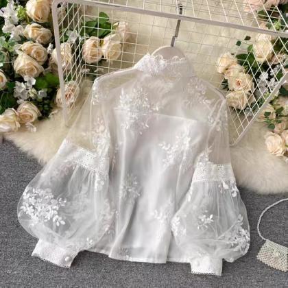 Vintage Tulle Lace Blouse Stand Collar..