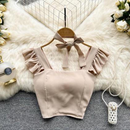 Sexy Bow-knot Halterneck Fly-sleeve Cropped Top