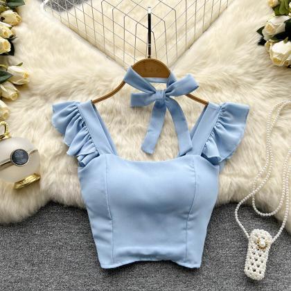 Sexy Bow-knot Halterneck Fly-sleeve Cropped Top