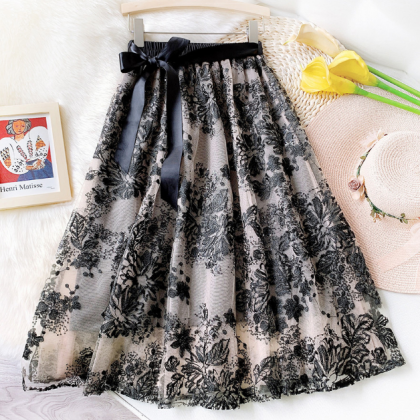Embroidered Sequin Mesh High Waisted Skirt