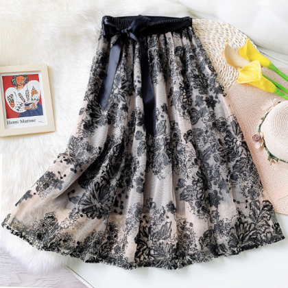 Embroidered Sequin Mesh High Waisted Skirt