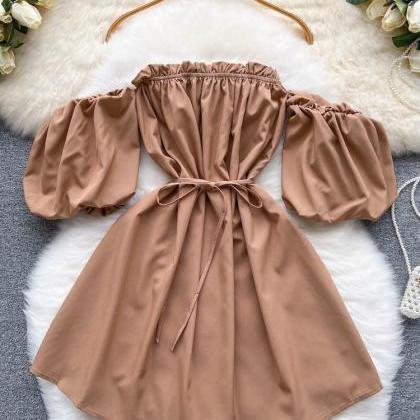 Off Shoulder Fashion Puff Sleeve Mini Solid Color..