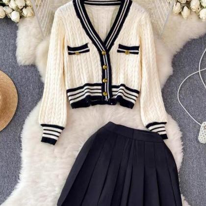 Loose Sweater Top + High Waist Pleated Skirt Suit