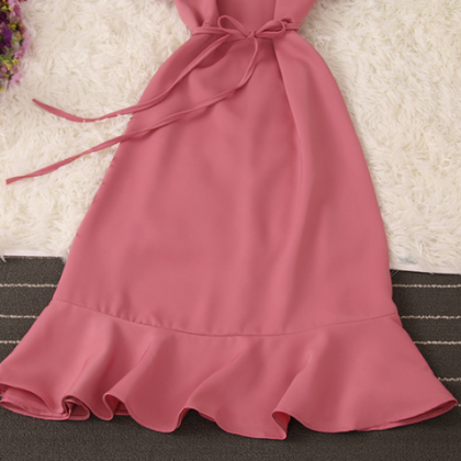 Solid Color Short Sleeved Slim Sweet Ruffled Dress