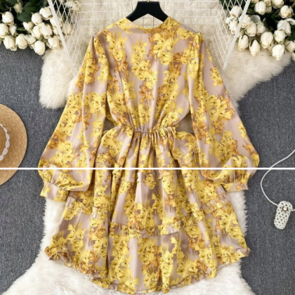 Temperament Bubble Sleeves Long Sleeves Floral..