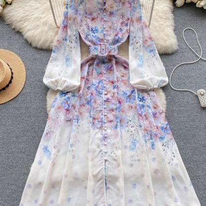 Elegant Stand Collar Buttoned Slim Long Printed..