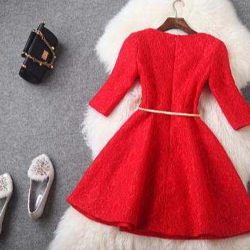 Slim Red Stitching Lace Dress Gf11604hu