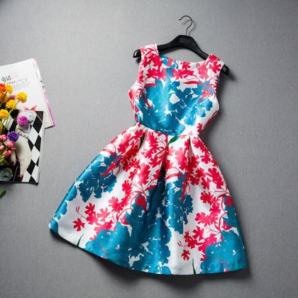 Hit Color Printing Stitching Sleeveless Dress..