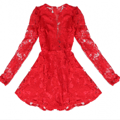 Sexy Red Lace V-neck Long-sleeved Dress Vc30715mn