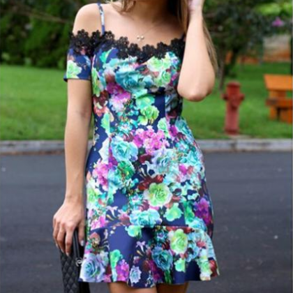 Printed lace short-sleeved dress VC..