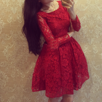 Slim Round Neck Long-sleeved Lace Dress Vc31209mn