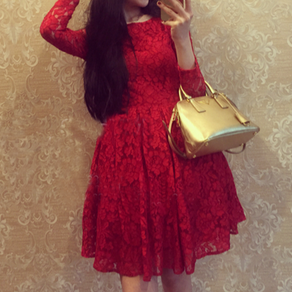 Slim Round Neck Long-sleeved Lace Dress Vc31209mn