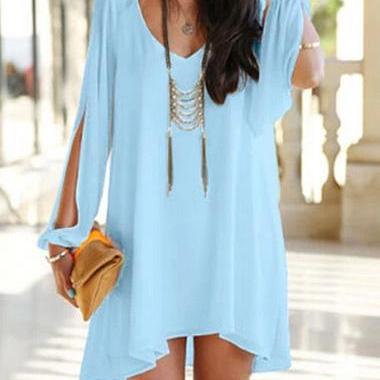Gorgeous V Neck Light Blue High Low Design Dress