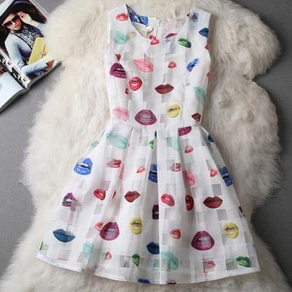 Slim Cute Sleeveless Vest Printed Organza Dress..