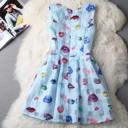 Slim Cute Sleeveless Vest Printed Organza Dress..