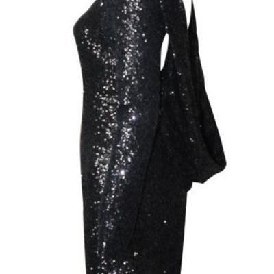 Sexy O Neck Long Sleeve Backless Sequined Black Polyester Sheath Mini ...
