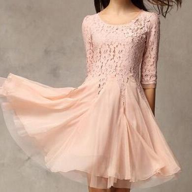 Classy Lace And Chiffon Long Sleeve Dress In Pink..