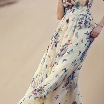 Print Pattern Chiffon Long Maxi Dress Beach Dress..