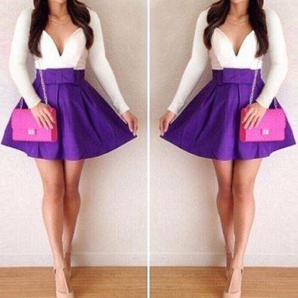 Sexy Low-cut Mini Long Sleeve Skirt Dress..