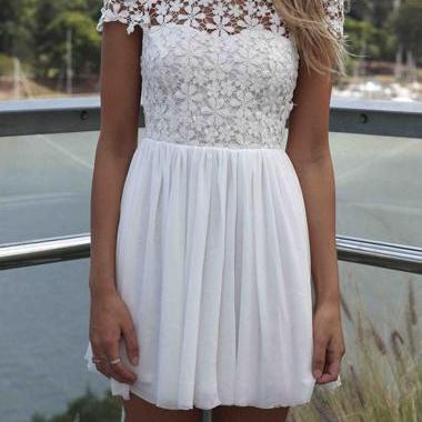 White Floral Lace And Chiffon Pleated Dress