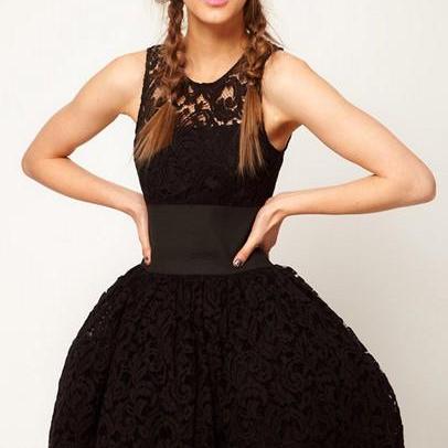 Sleeveless Black Ball Gown Lace Dress Vg42609mn